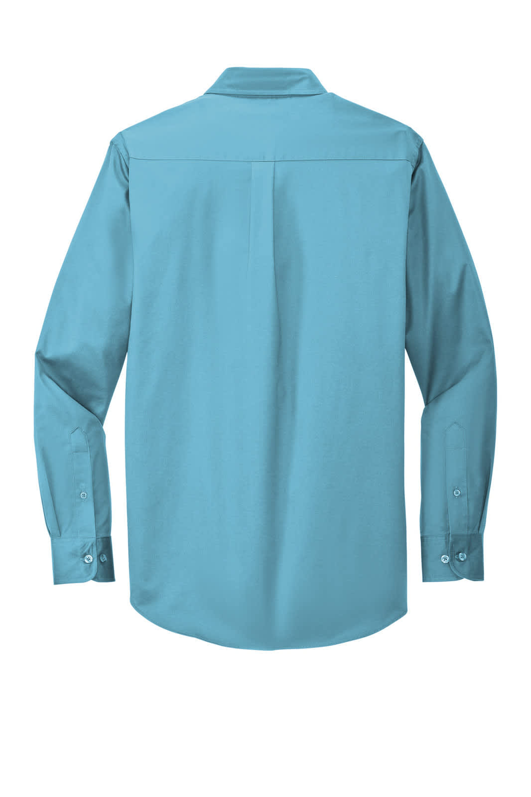 A long-sleeve button-up shirt in light blue, featuring a back yoke and a single pleat. It includes branding.