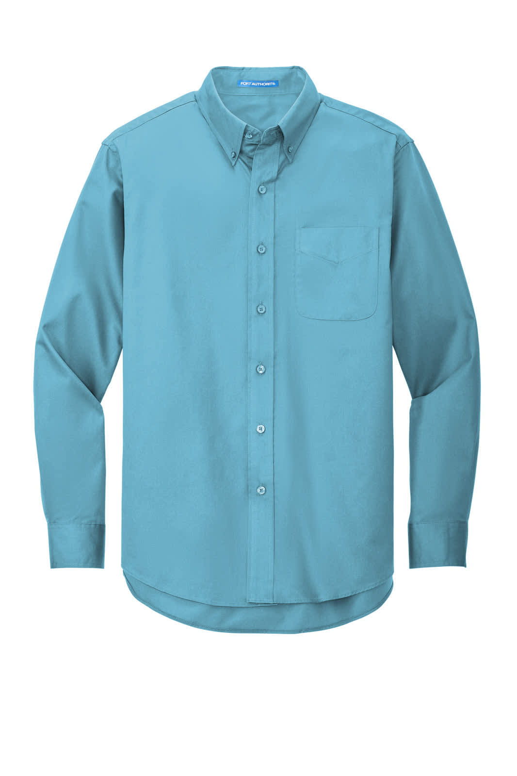 A turquoise button-up shirt with long sleeves and a chest pocket, featuring a logo.
