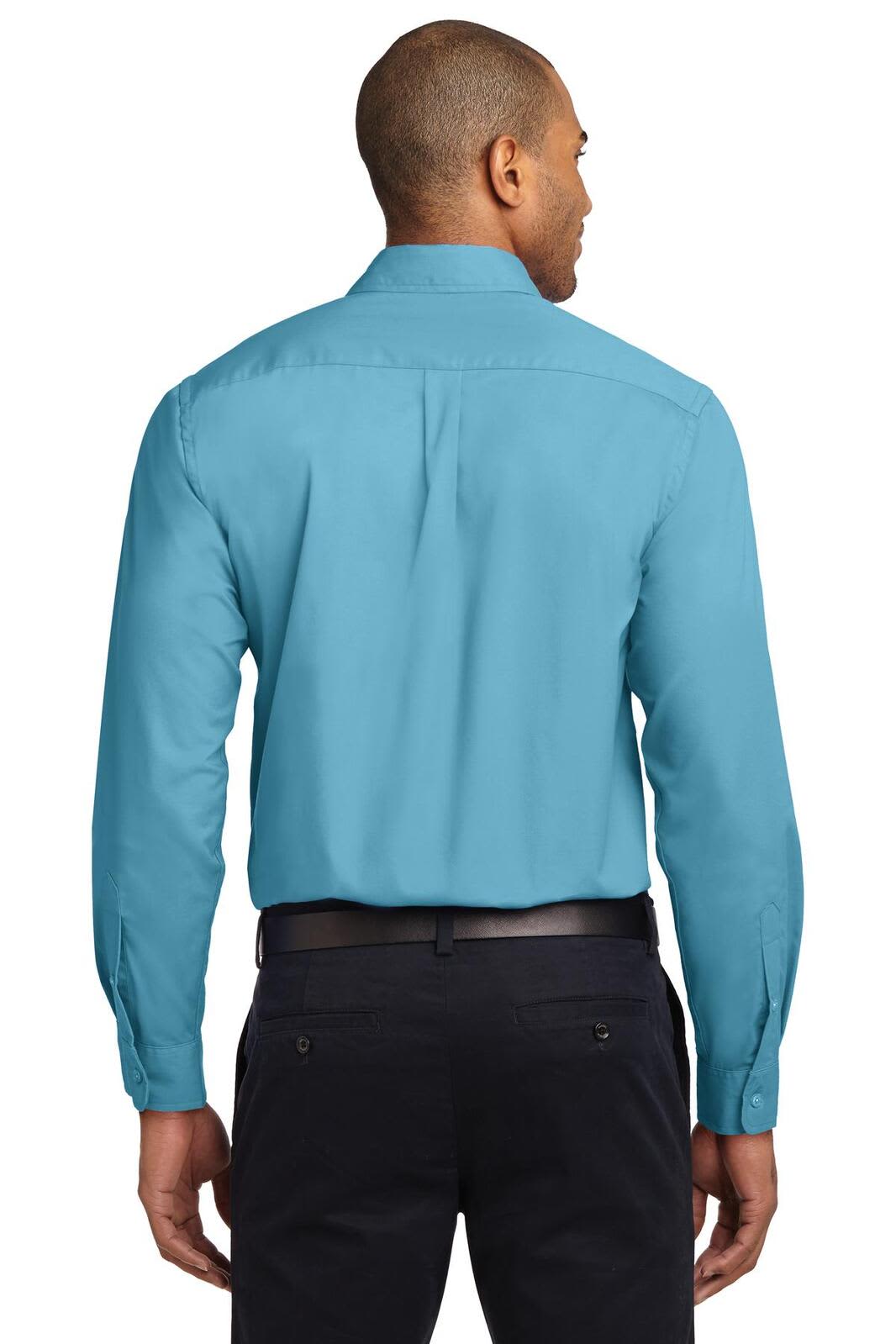 A long sleeve, button-up shirt in a bright turquoise colour, featuring a back yoke and a logo.