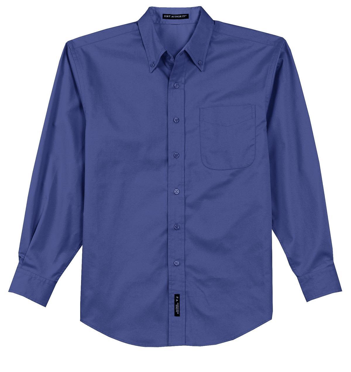 A long sleeve, button-up shirt in a deep blue colour with a chest pocket and a logo.
