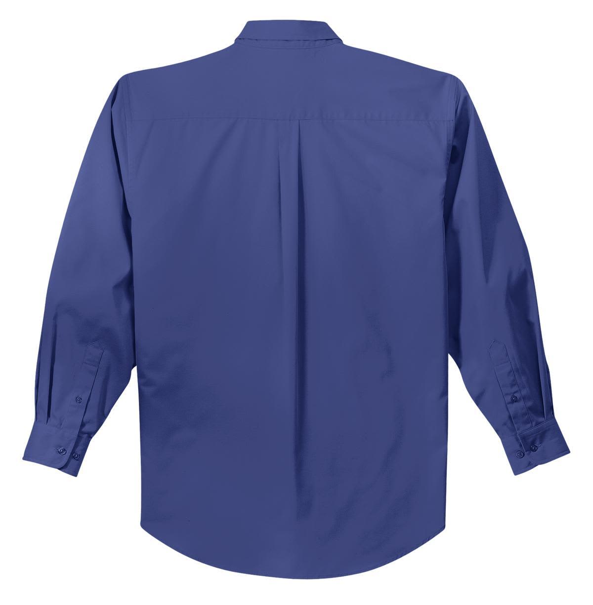 A long sleeve button-up shirt in navy blue with a back pleat and buttoned cuffs, featuring a logo.