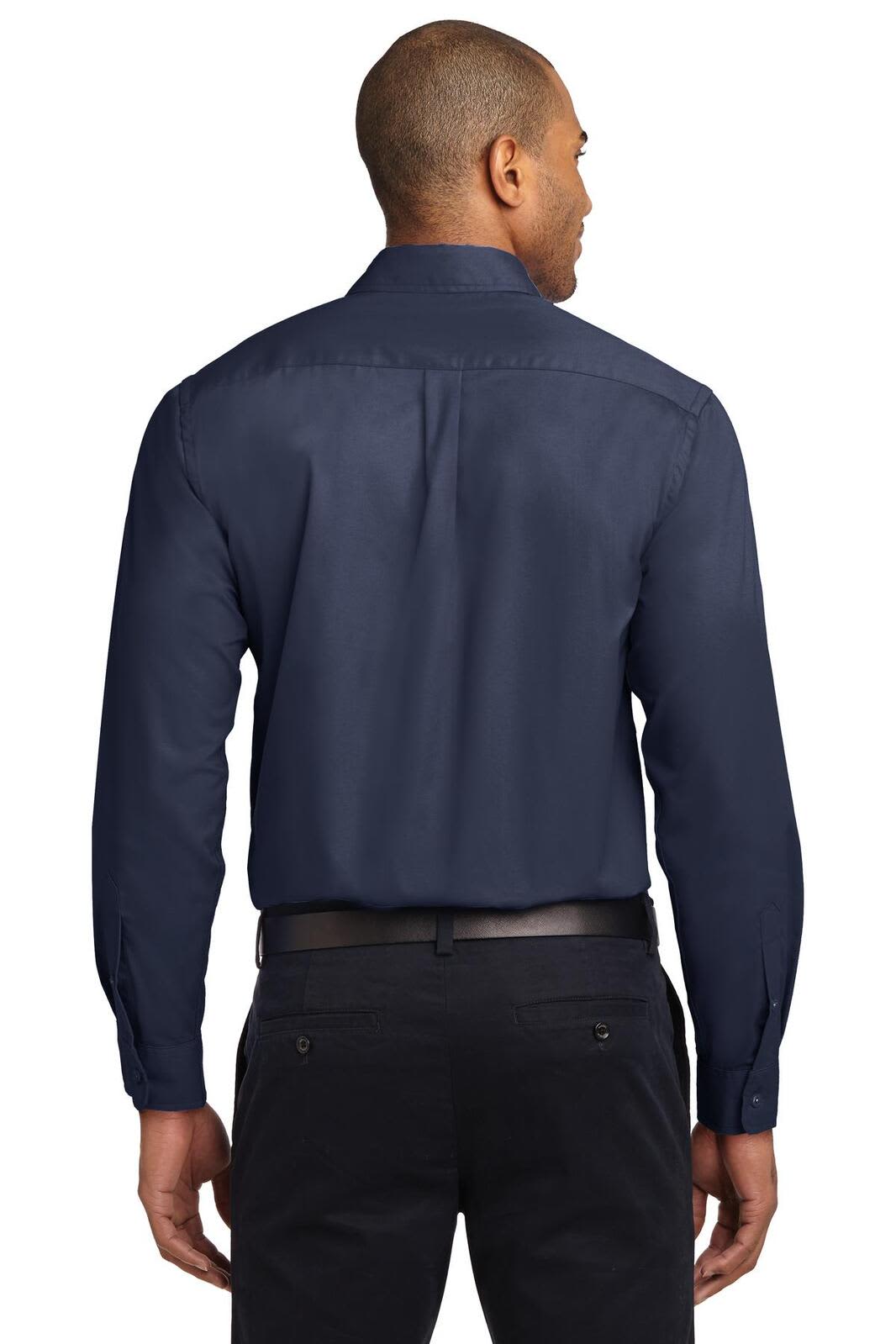 A navy blue long sleeve button-up shirt with a back yoke and logo detailing.