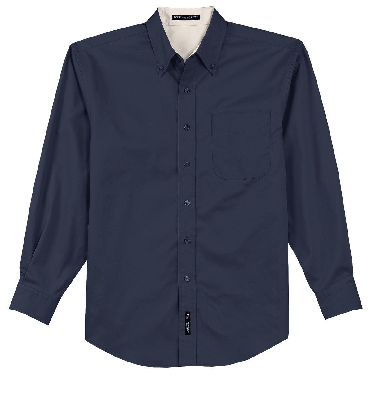 A navy blue long-sleeve button-up shirt with a chest pocket and a branding label at the bottom.