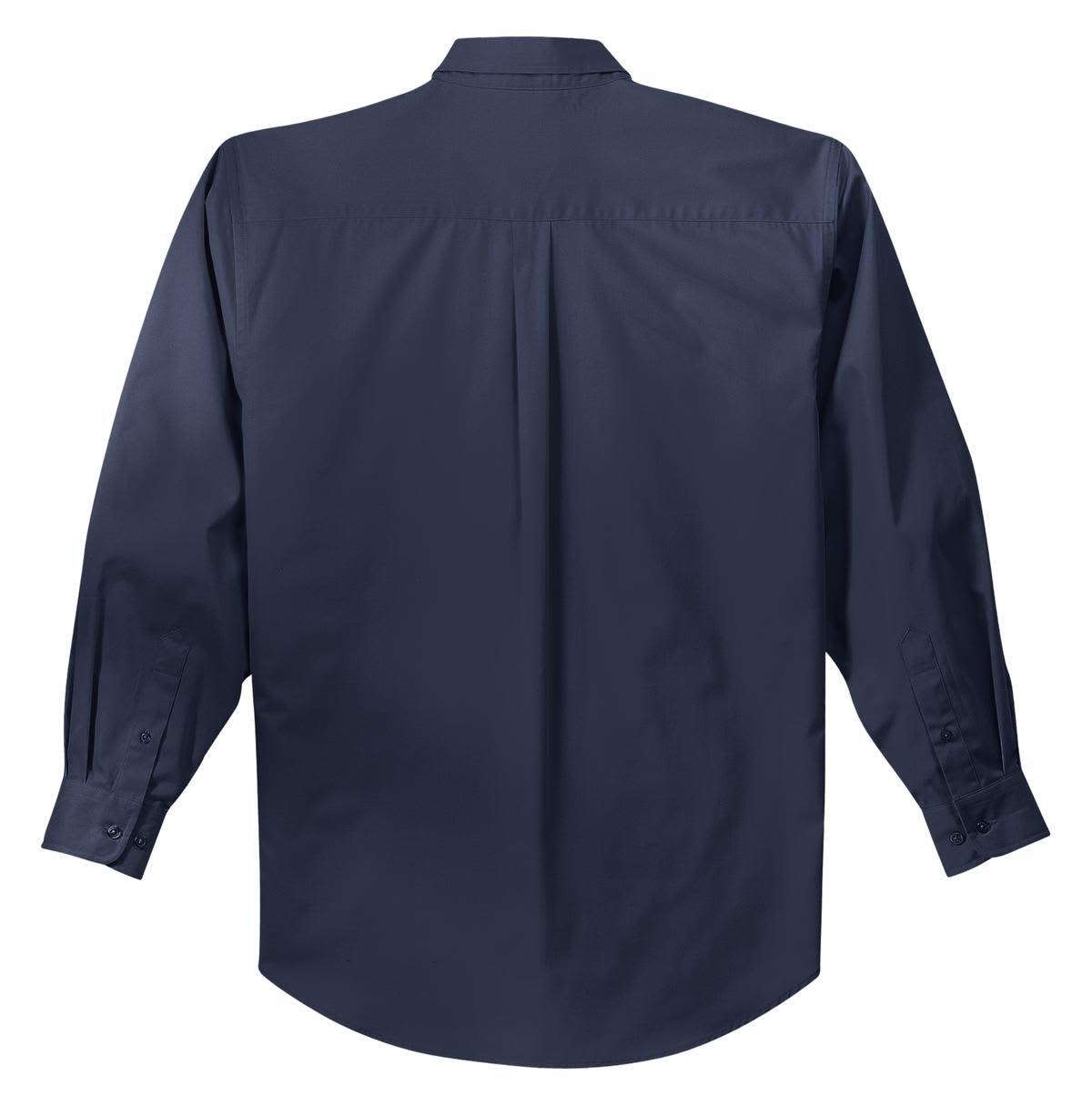 A navy blue long sleeve button-up shirt with a classic collar and a back pleat. The shirt includes a branding logo.