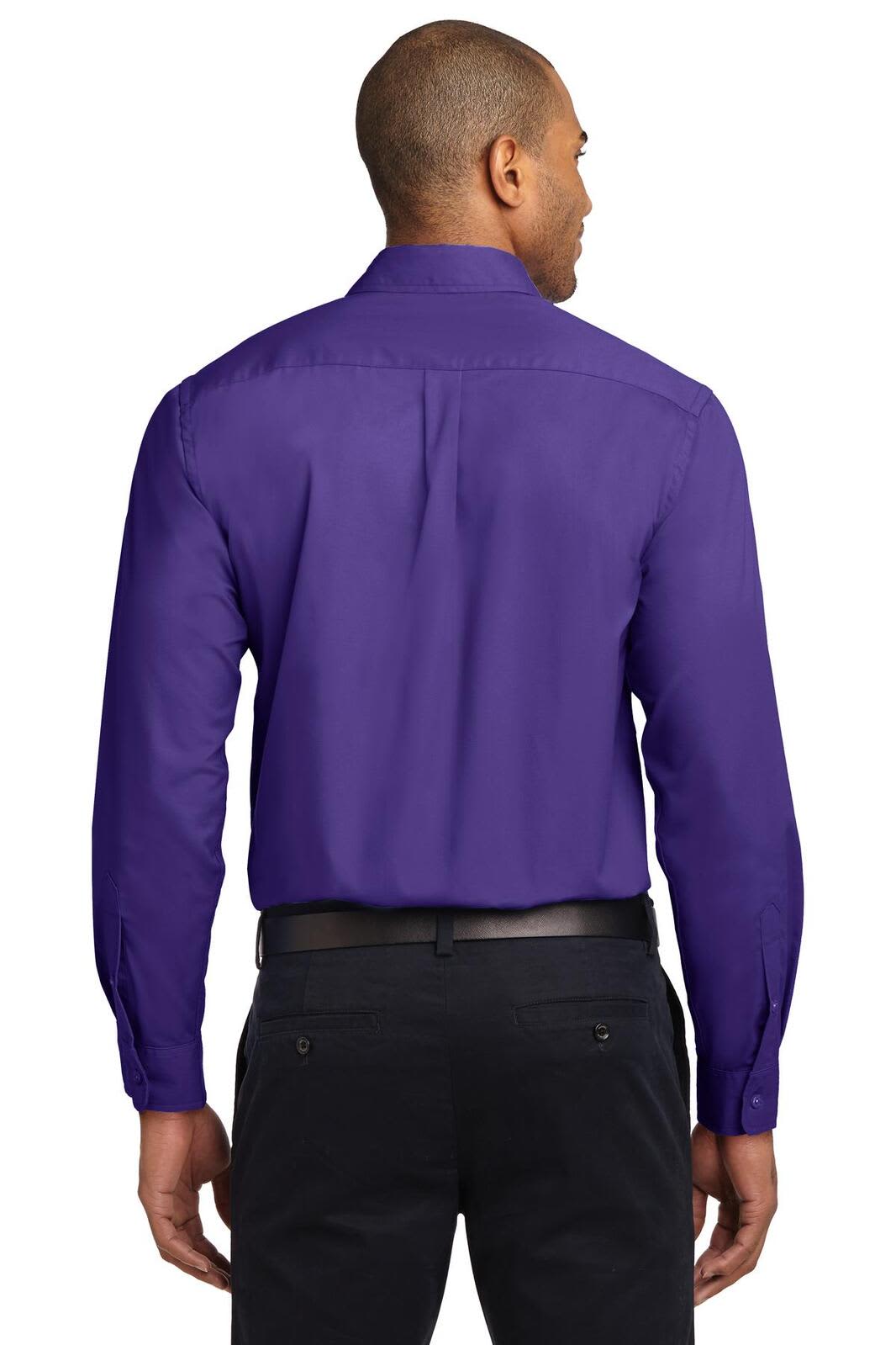 A man wearing a purple long sleeve button-up shirt, viewed from the back, with a plain design and no visible logos.