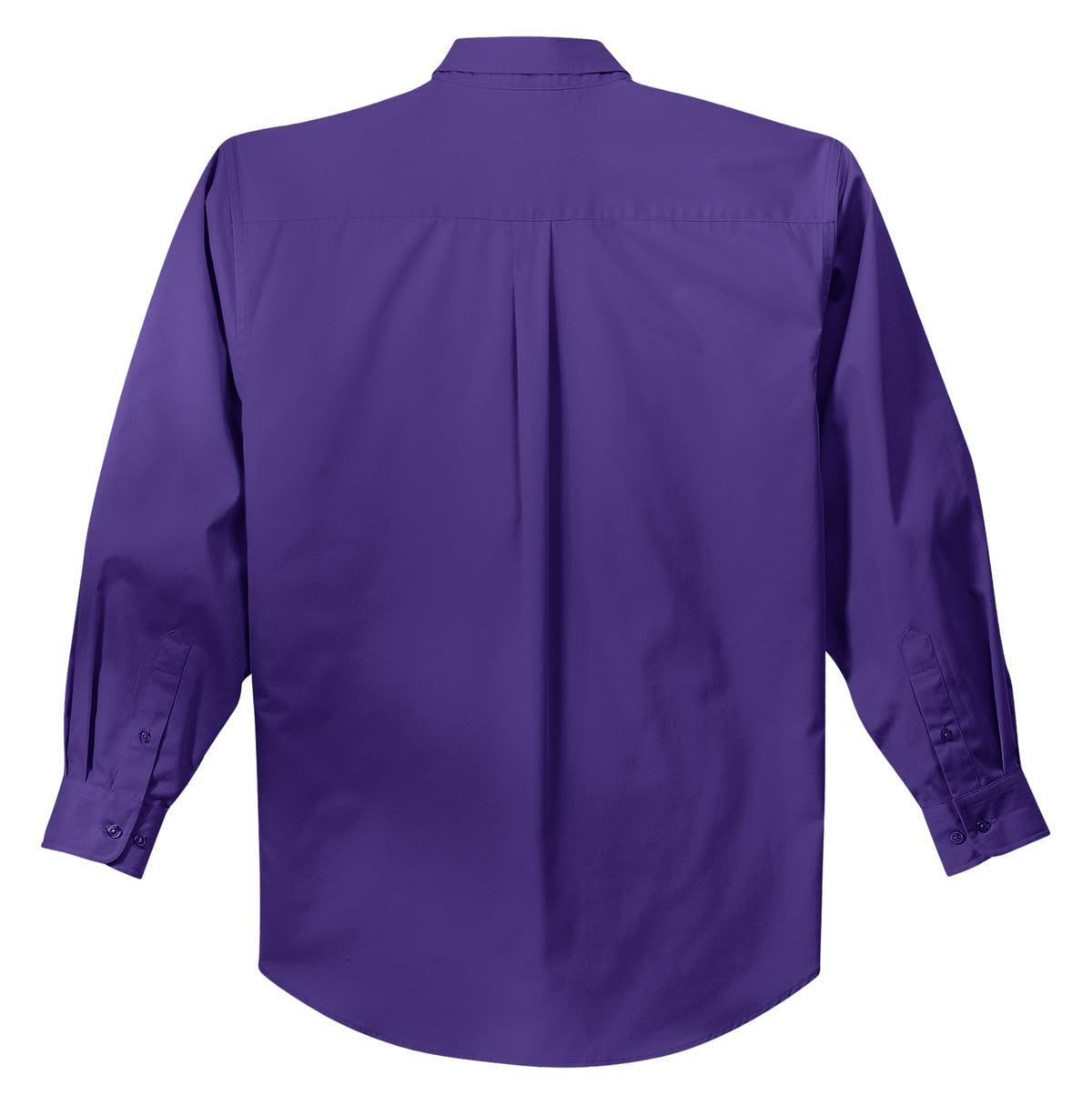 A purple long sleeve button-up shirt with a back pleat design and cuffed sleeves, featuring a logo.