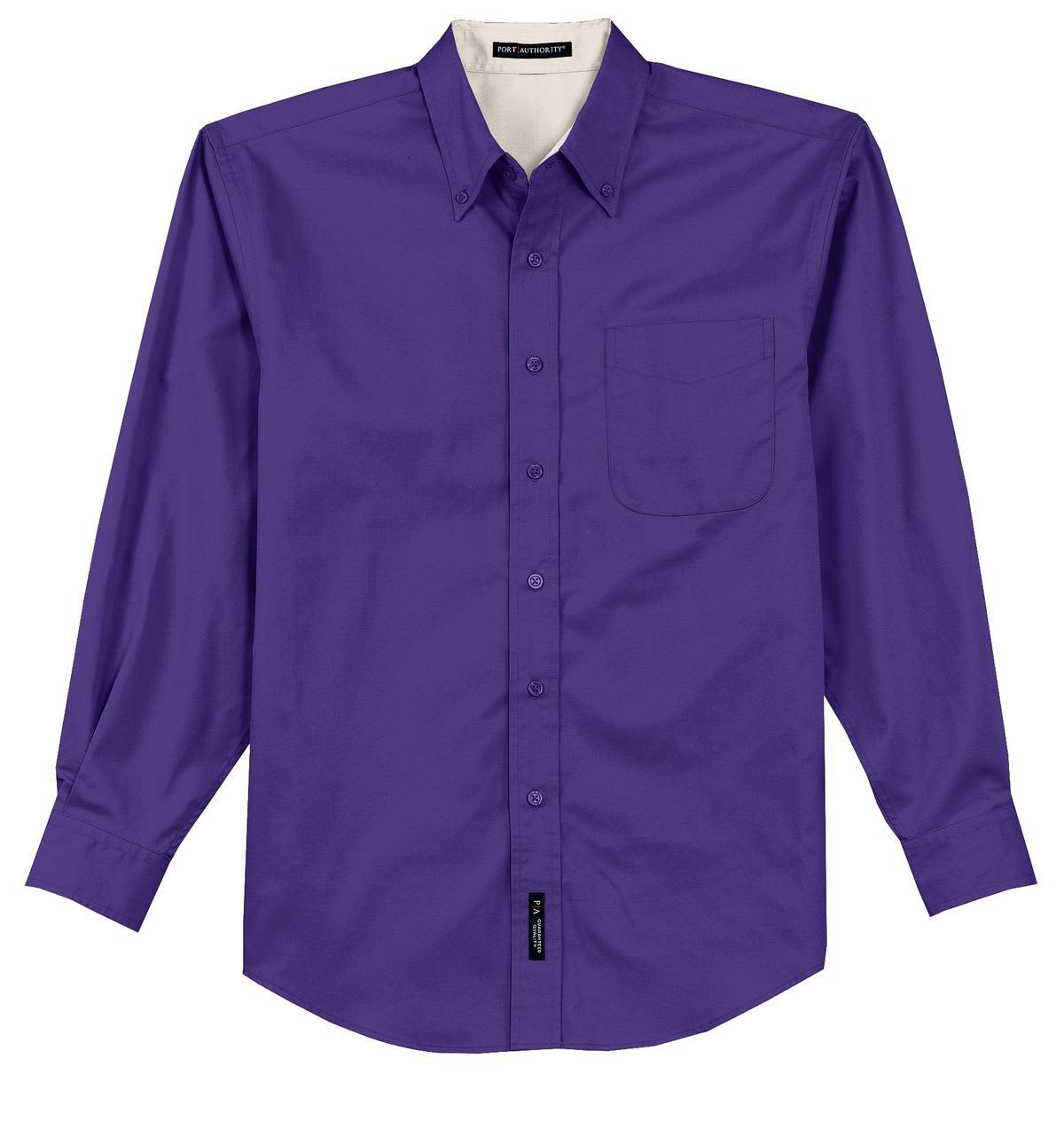 A purple long sleeve easy care button-up shirt with a chest pocket and a logo on the hem.