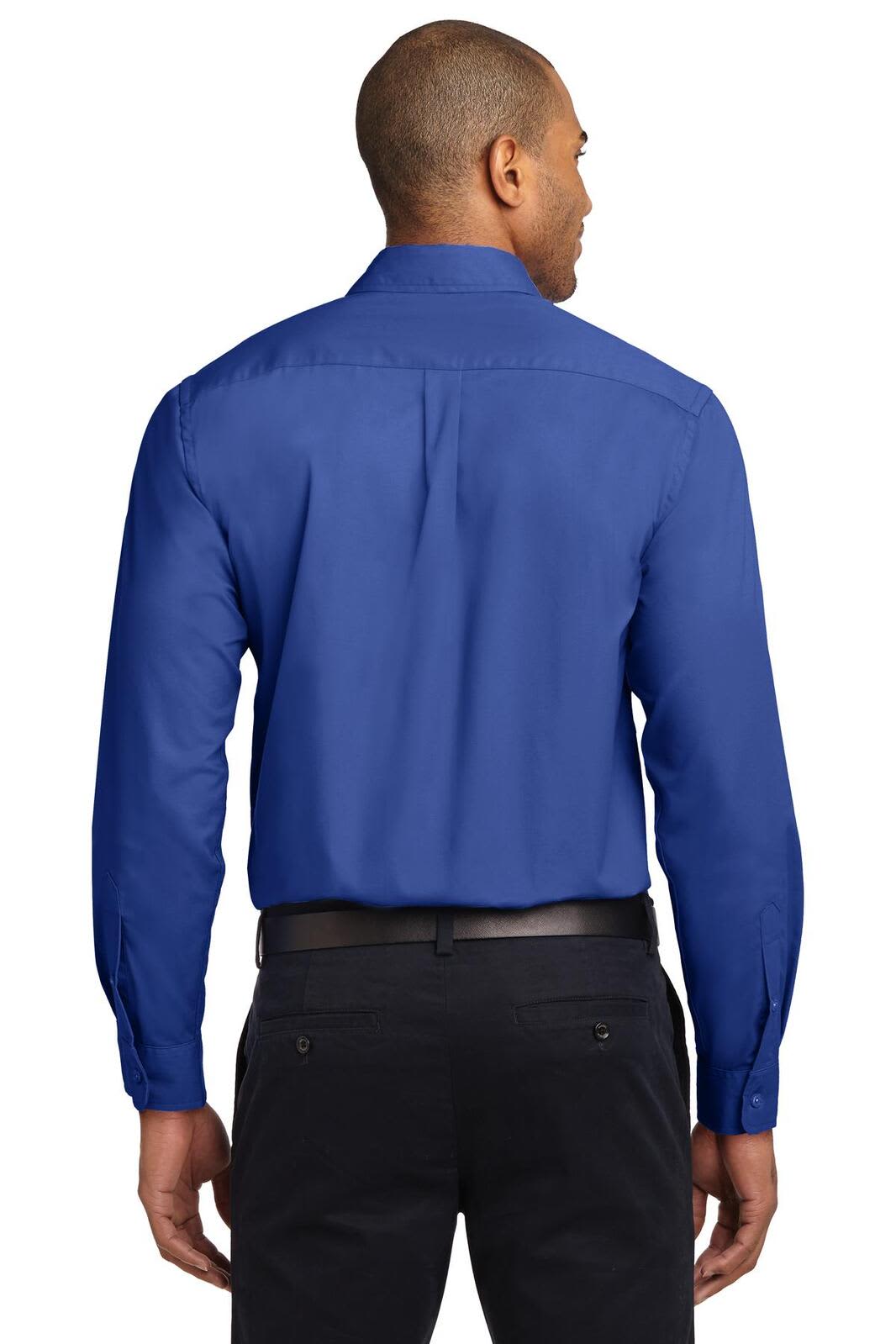 A blue long sleeve button-up shirt featuring a branding logo on the back.