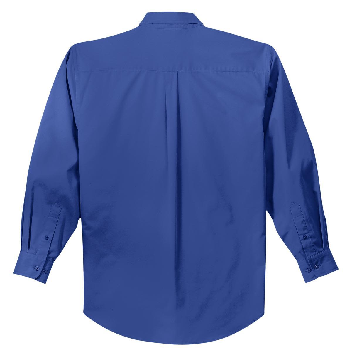 A blue long sleeve button-up shirt featuring a back pleat and cuffs, with a logo present.