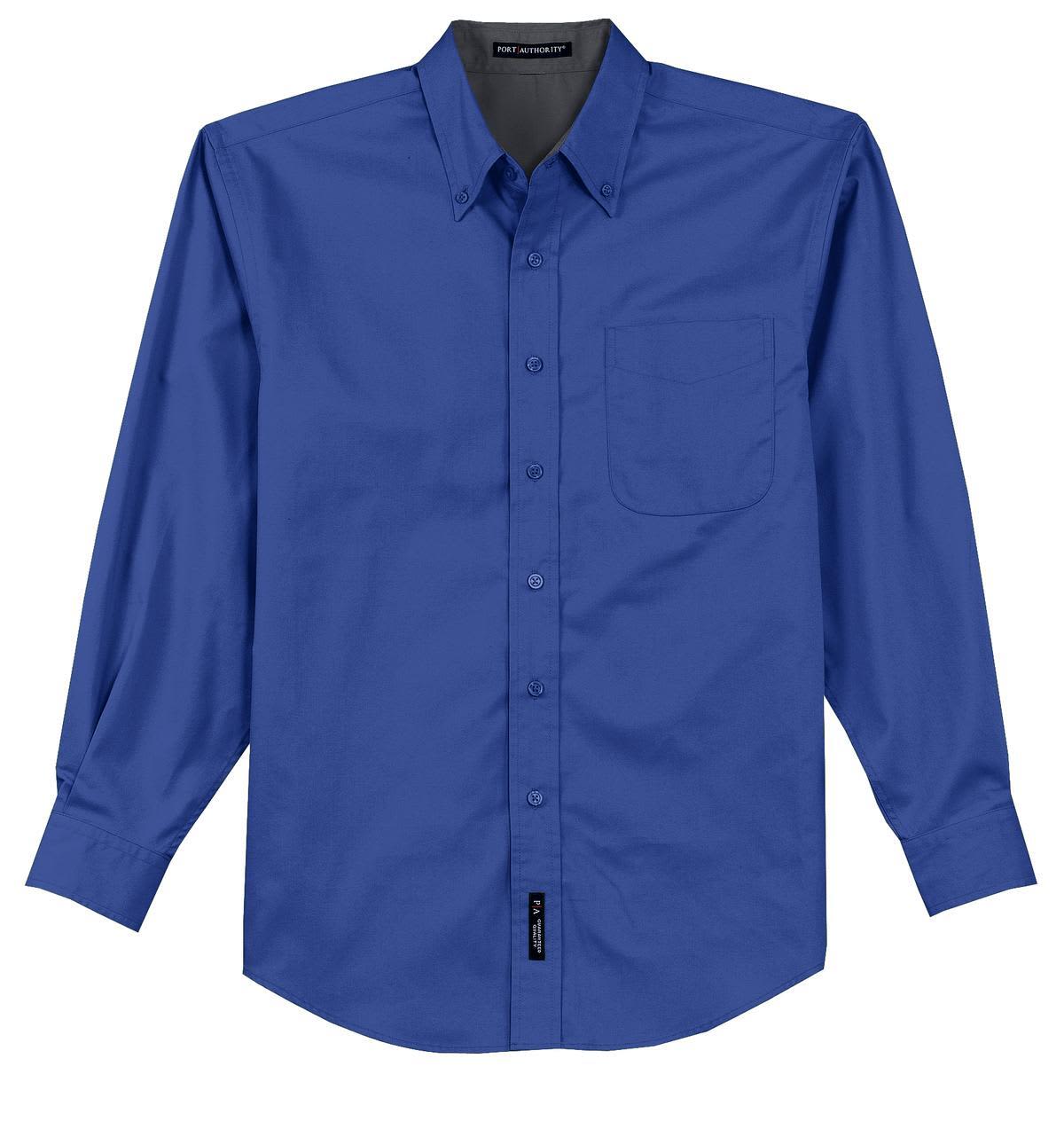 A blue long sleeve button-up shirt with a pocket and a branded tag.