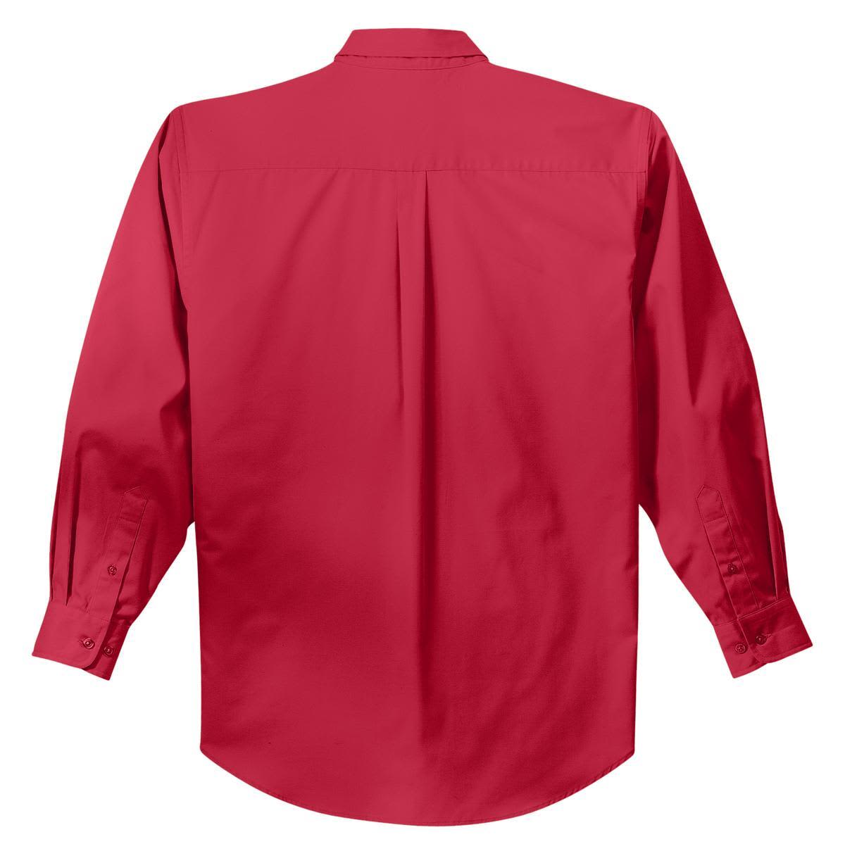 A red long sleeve button-up shirt with a back pleat and button cuffs. It features branding on the label.