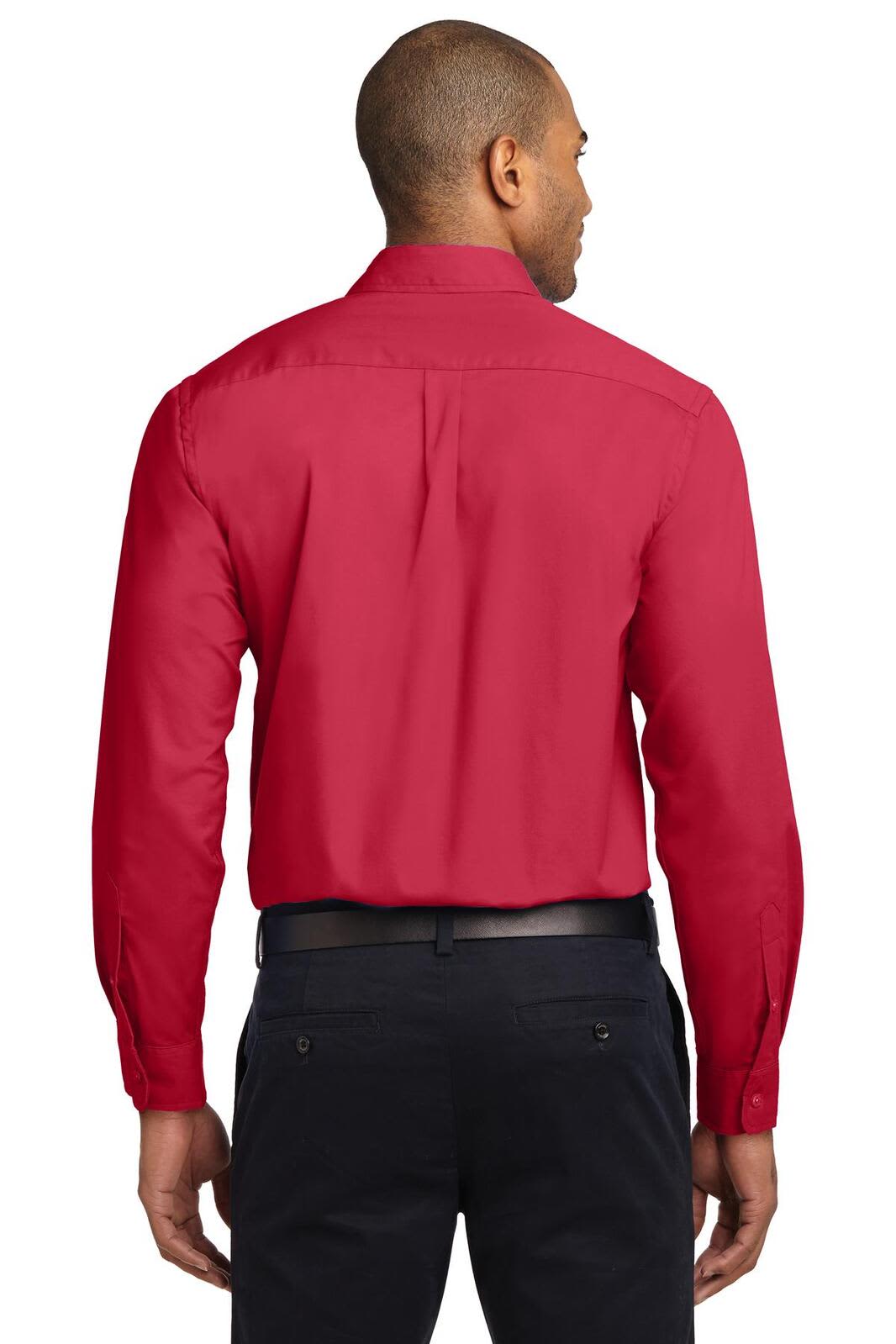 A red long sleeve button-up shirt from Port Authority, featuring a back yoke and a simple design.