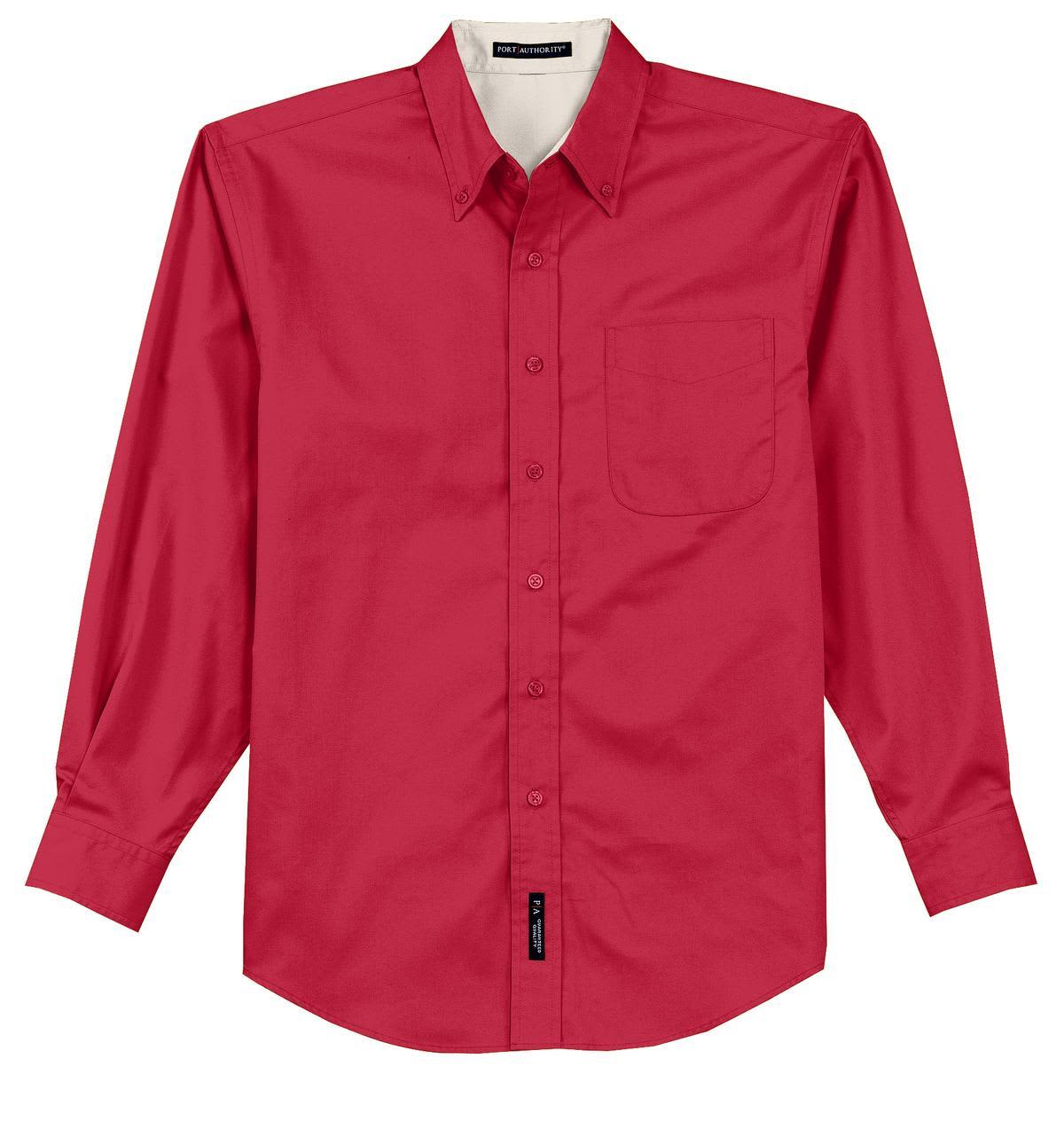 A red long sleeve button-up shirt featuring a pocket and a logo. Easy care fabric for convenient maintenance.