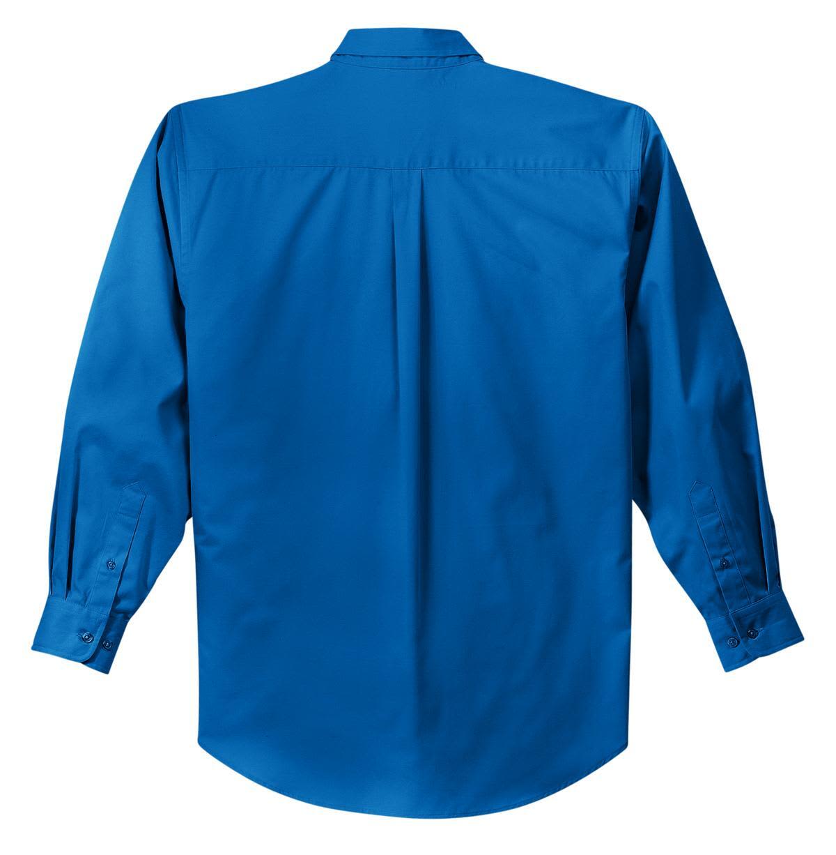 A blue long sleeve button-up shirt with a back pleat and buttoned cuffs. It features a logo on the fabric.