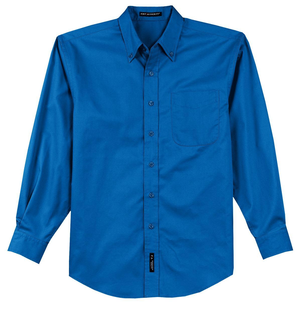 A blue long sleeve button-up shirt featuring a pocket and a logo on the hem.