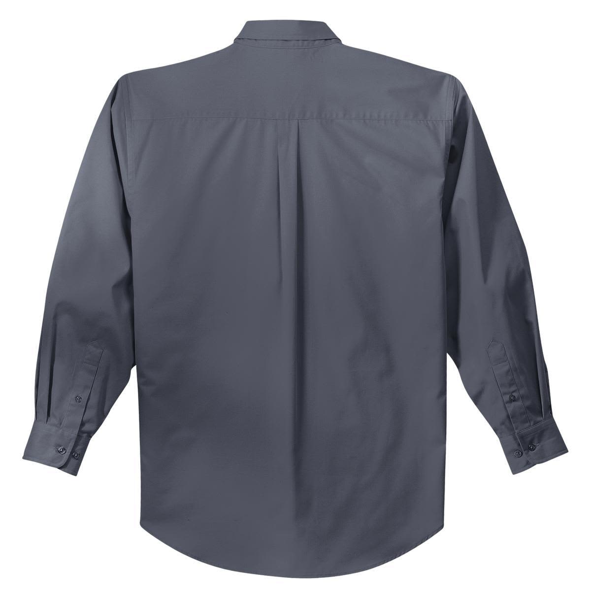 A grey long sleeve button-up shirt with a back pleat and cuffed sleeves, featuring a branding logo.