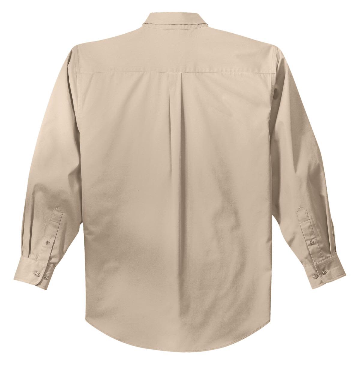 A beige long sleeve button-up shirt with a back yoke and pleat detail. It features button cuffs and has a logo.