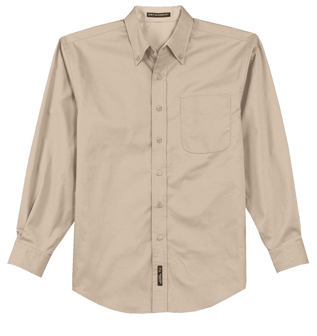 A beige long sleeve button-up shirt with a pocket and a logo on the label.