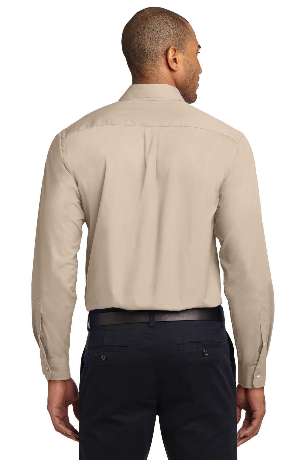 A long sleeve button-up shirt in beige with a back yoke design, featuring a logo on the collar.