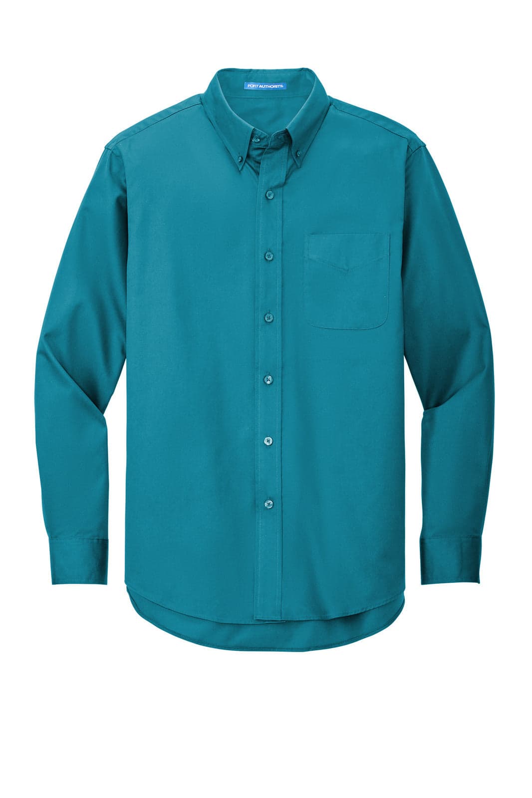A teal long sleeve button-up shirt featuring a chest pocket and a logo on the collar.