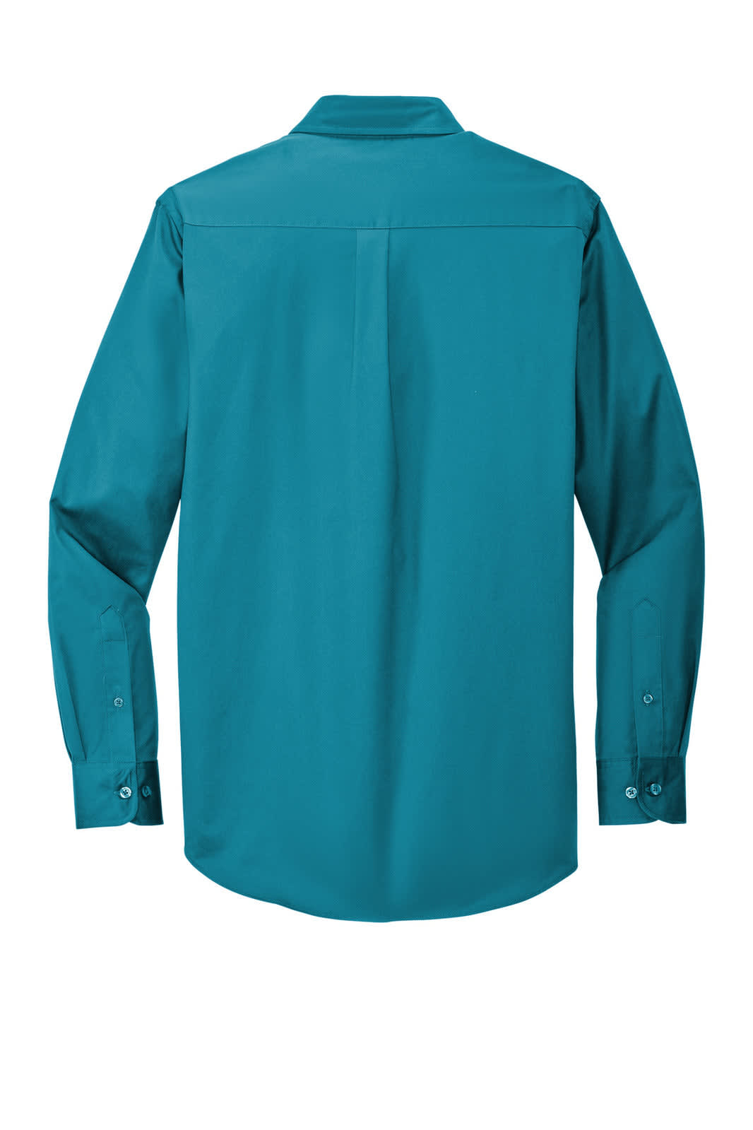 A long sleeve button-up shirt in teal blue with a back yoke and buttoned cuffs. It features a branding logo.