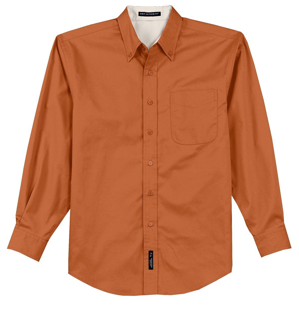 An orange button-up long sleeve shirt with a chest pocket and a logo.