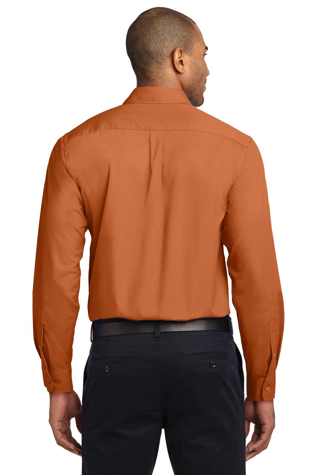A long sleeve button-up shirt in a vibrant orange colour, featuring a logo, viewed from the back.