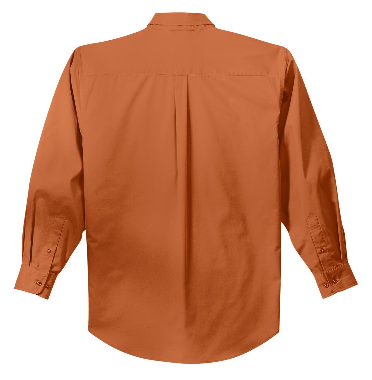 An orange button-up long sleeve shirt featuring a back pleat and buttoned cuffs. It has a logo on the fabric.