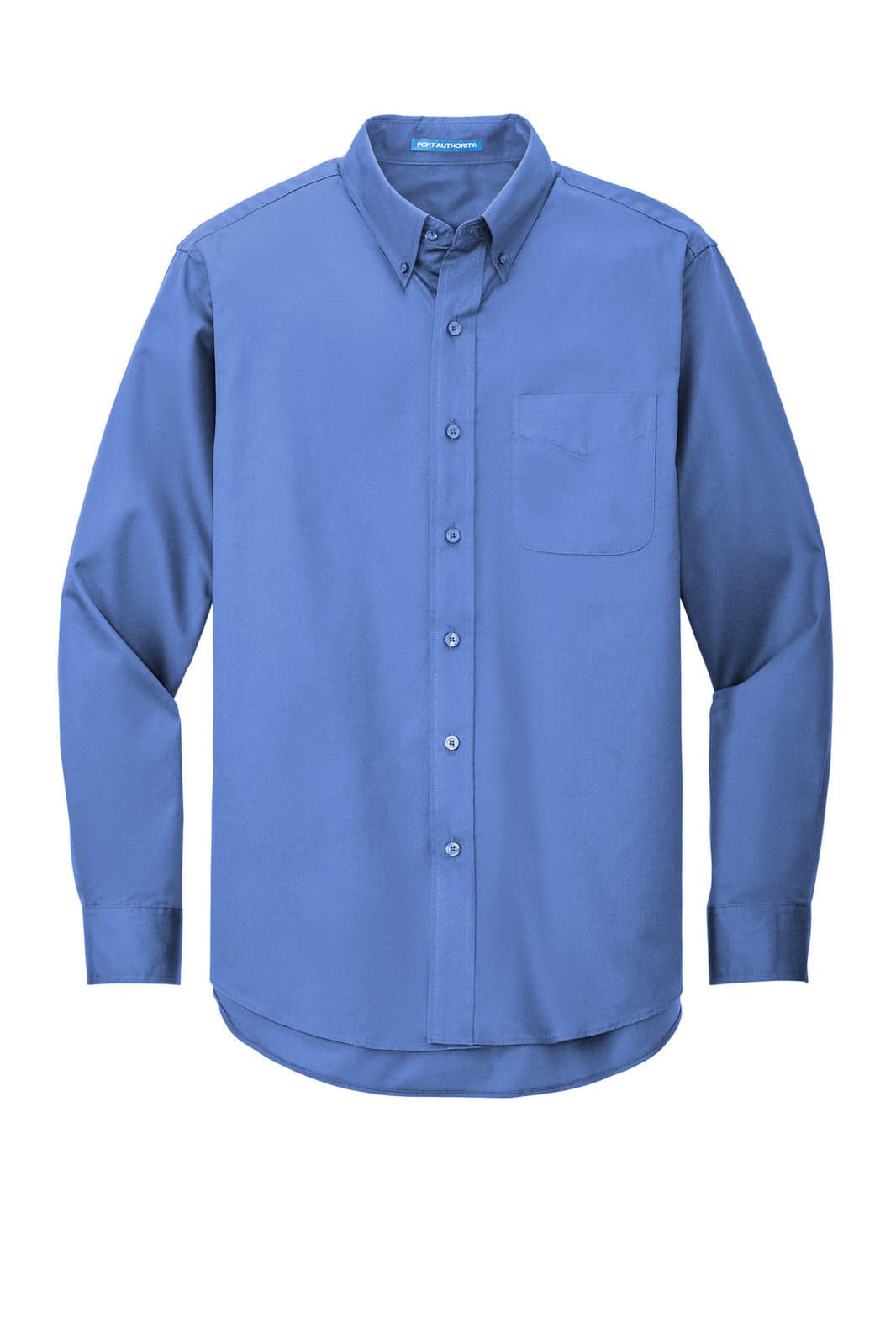 A blue long sleeve button-up shirt with a pocket and a logo.