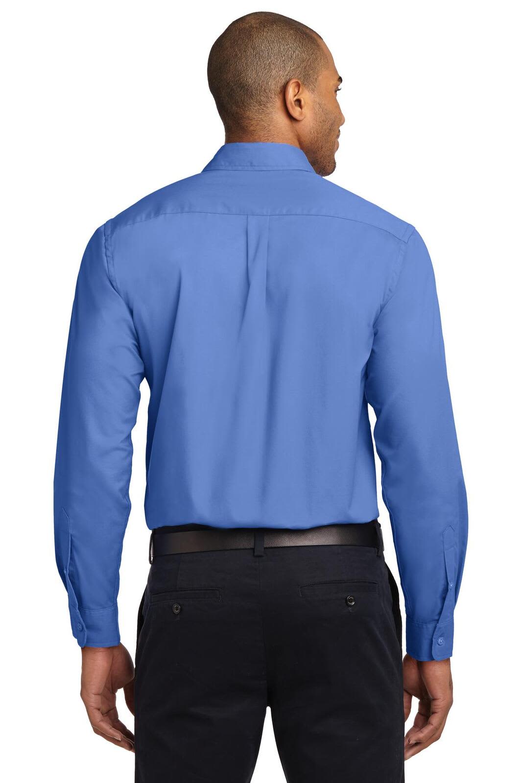 A blue long sleeve button-up shirt featuring a back pleat and a logo on the collar.