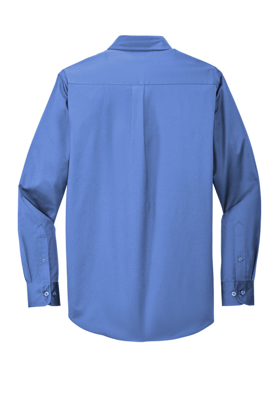 A blue long sleeve button-up shirt featuring a back yoke and a logo.