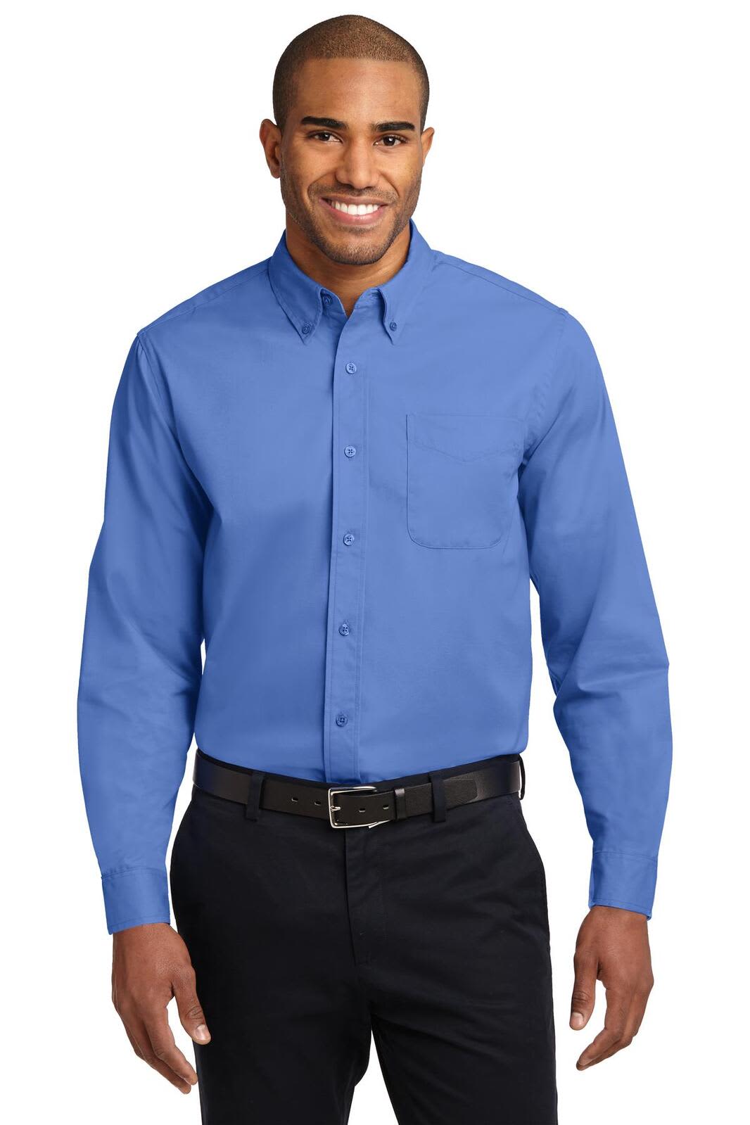 A long sleeve button-up shirt in blue with a chest pocket and a logo on the chest area.