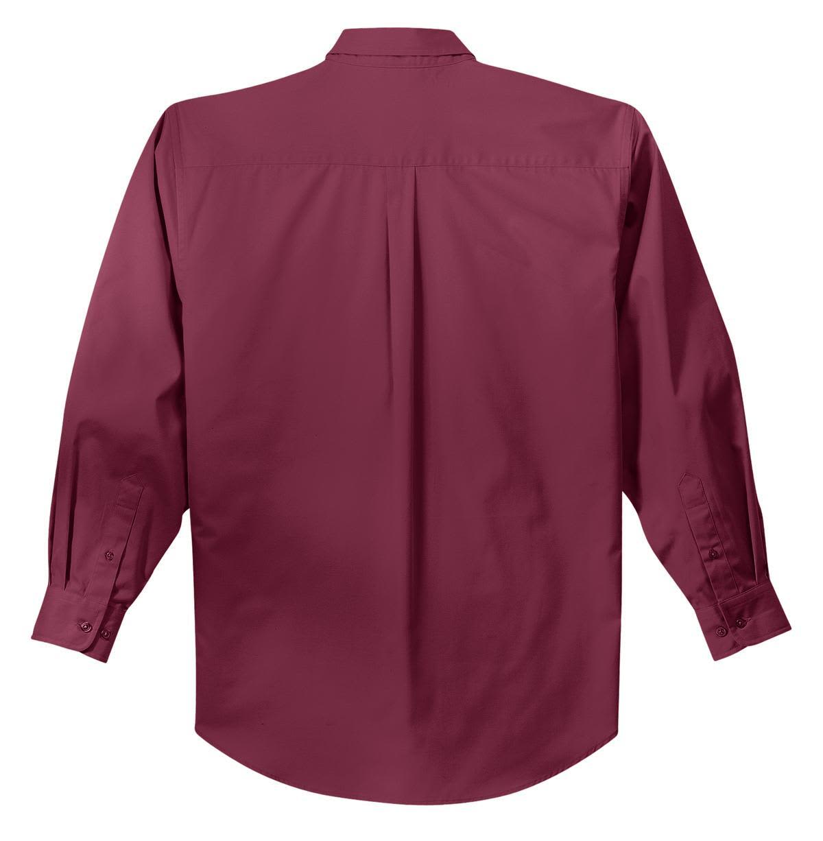A maroon long sleeve button-up shirt featuring a back pleat and a collar, with a branding logo present.