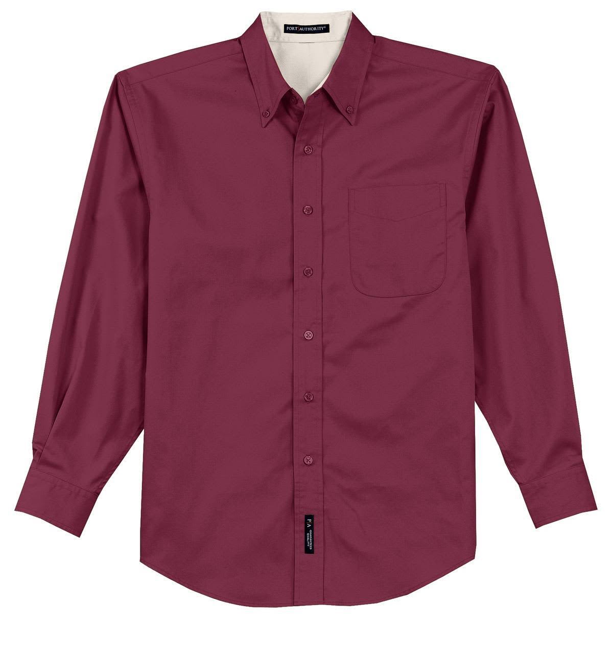 A burgundy long sleeve button-up shirt with a chest pocket and a logo.