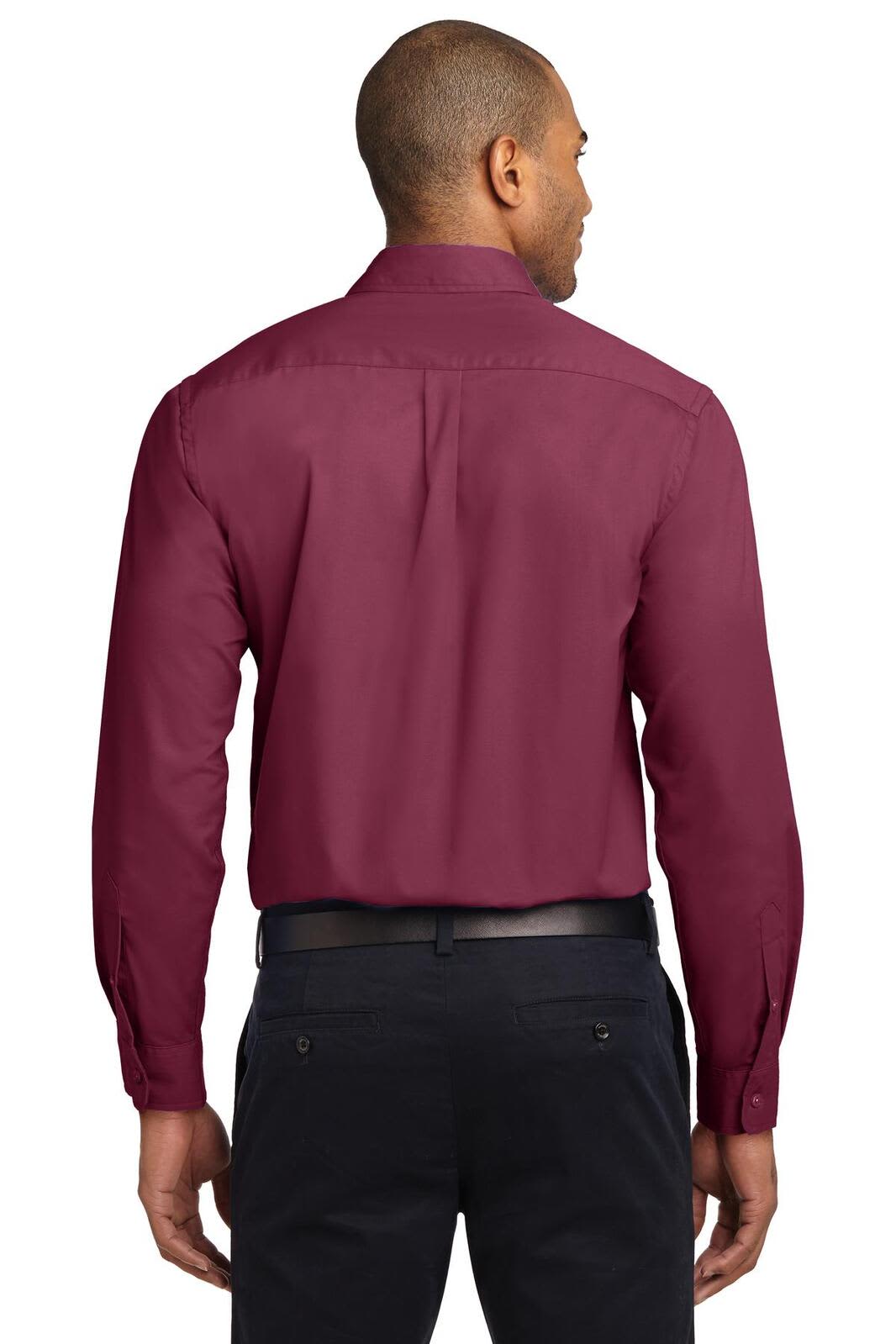 A maroon long sleeve button-up shirt with a back view, featuring a logo.