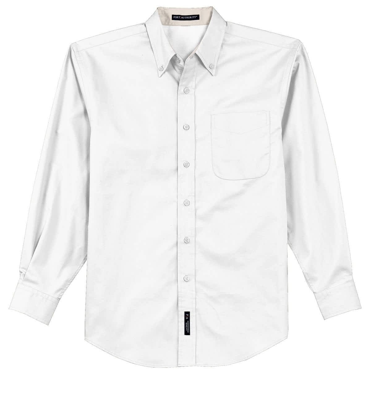 A white long sleeve button-up shirt featuring a chest pocket and a logo.