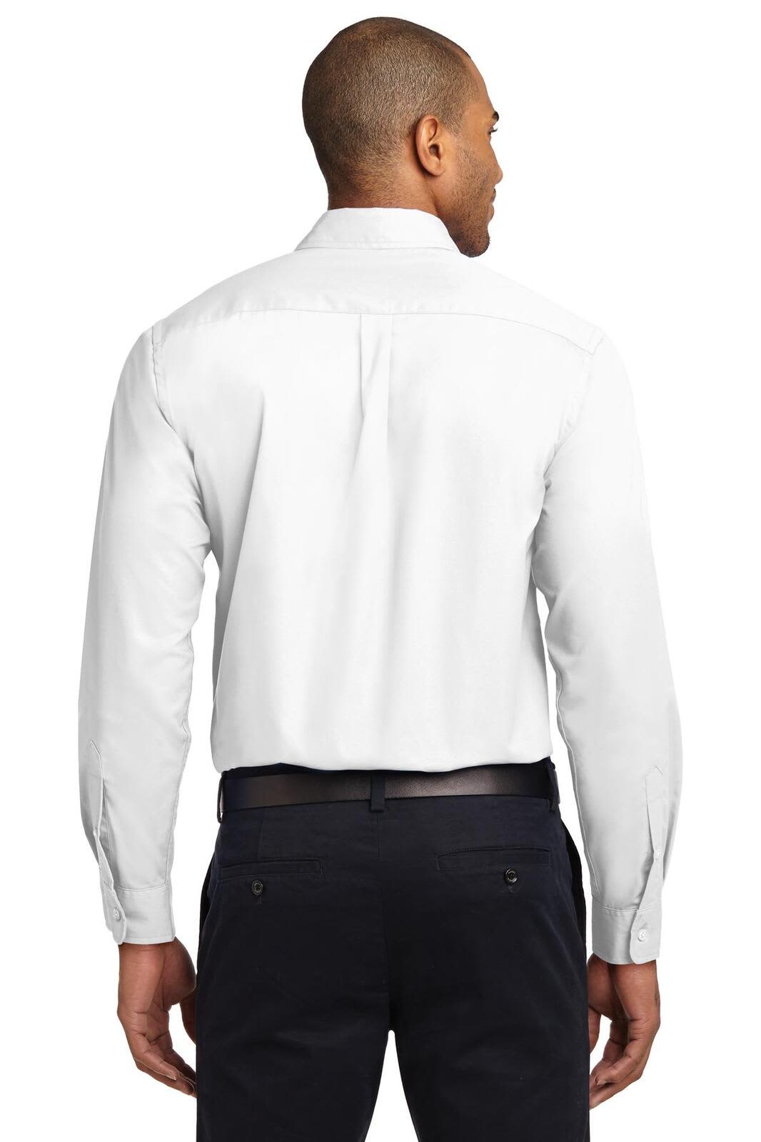 A long sleeve button-up shirt in white, featuring a back yoke and adjustable cuffs, with a branding logo.