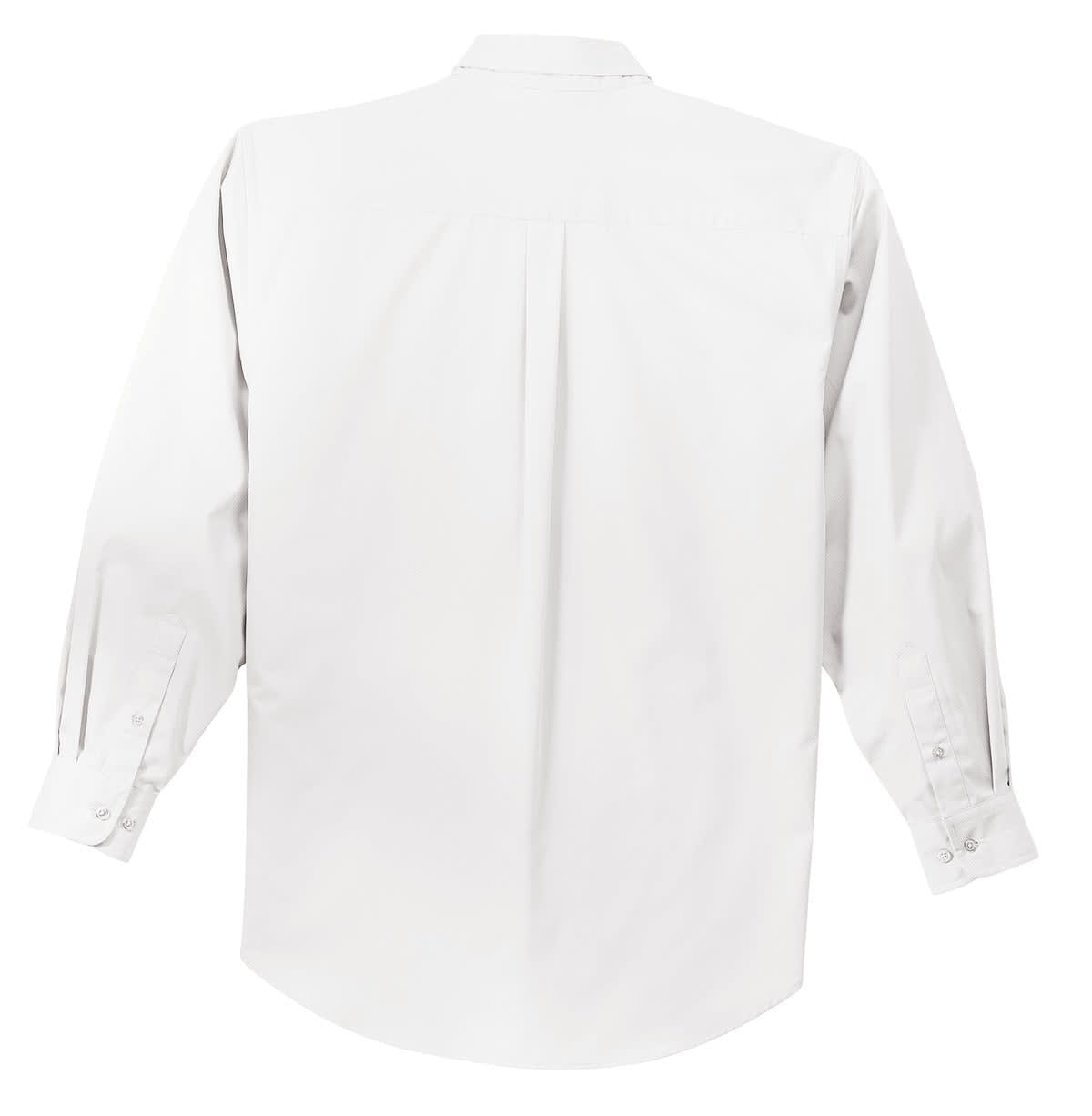 A white long sleeve button-up shirt with a back yoke and buttoned cuffs. It has a logo on the collar.