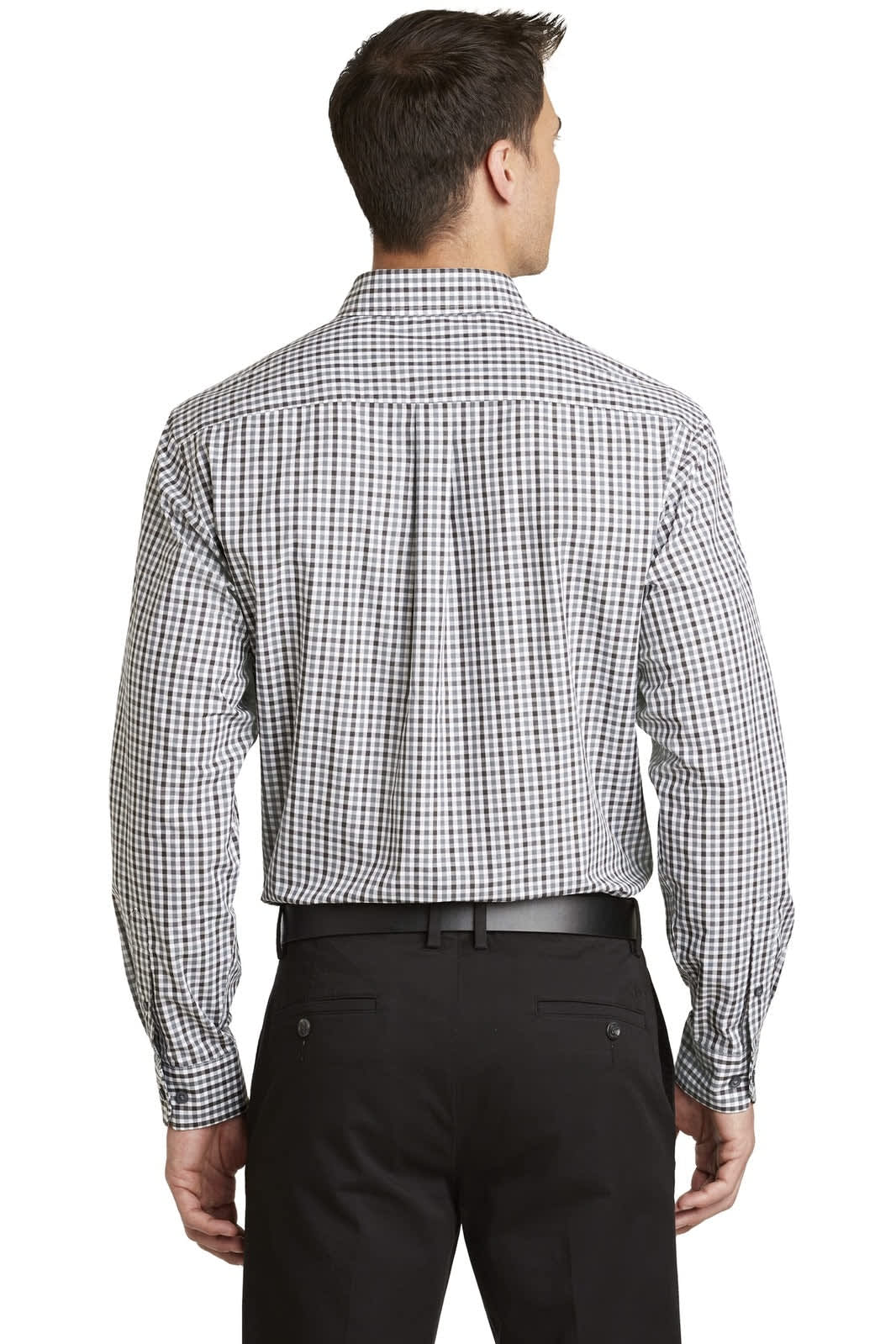A check-pattern long sleeve button-up shirt in black and white, featuring a back yoke and cuffs.