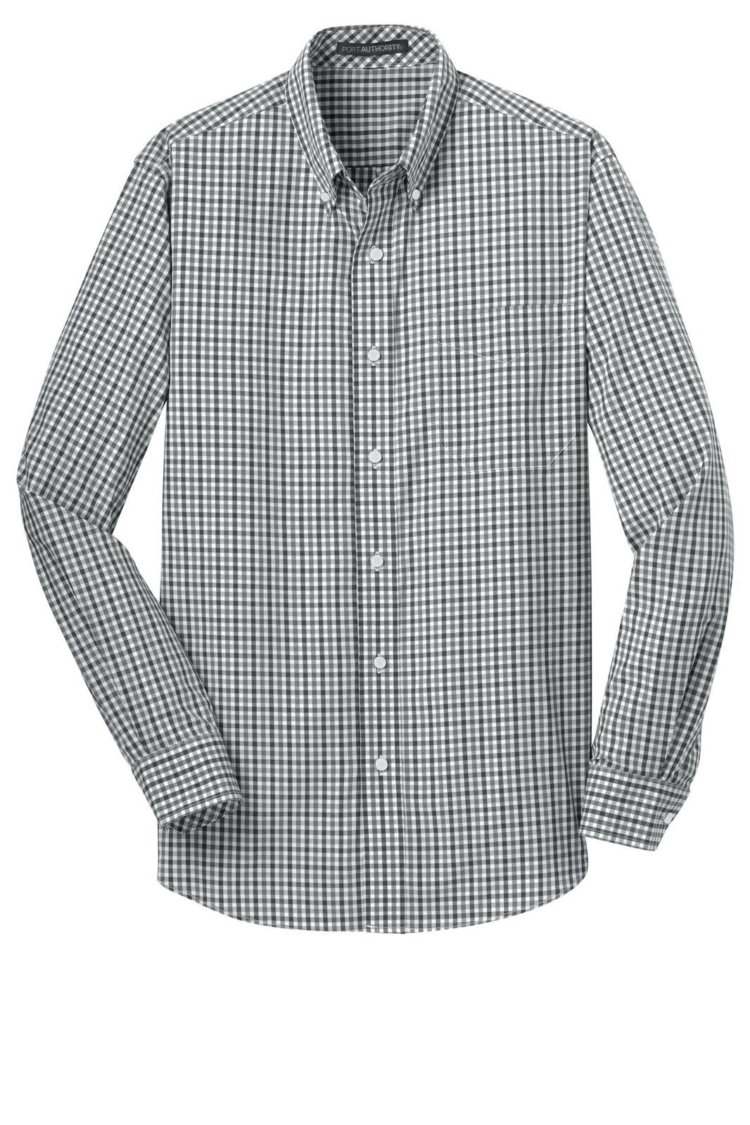 A black and white gingham long sleeve button-up shirt with a collar and a left chest pocket, featuring a logo.