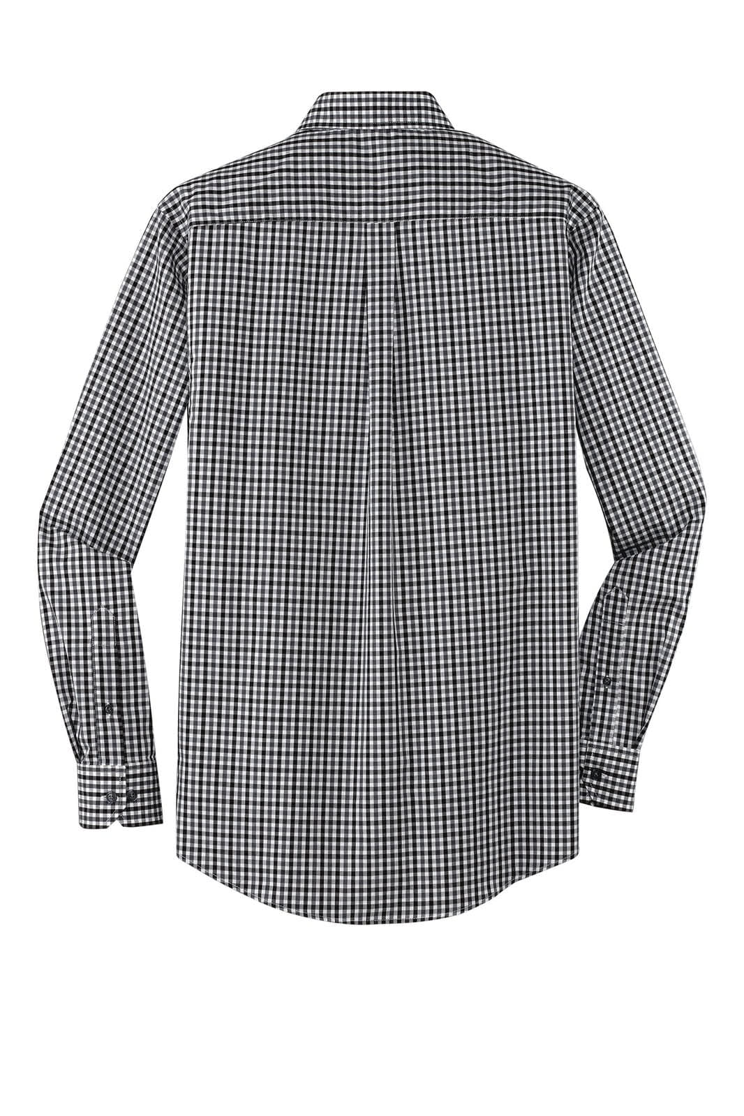 A long sleeve button-up shirt in black and white gingham pattern, featuring a back view and a logo.