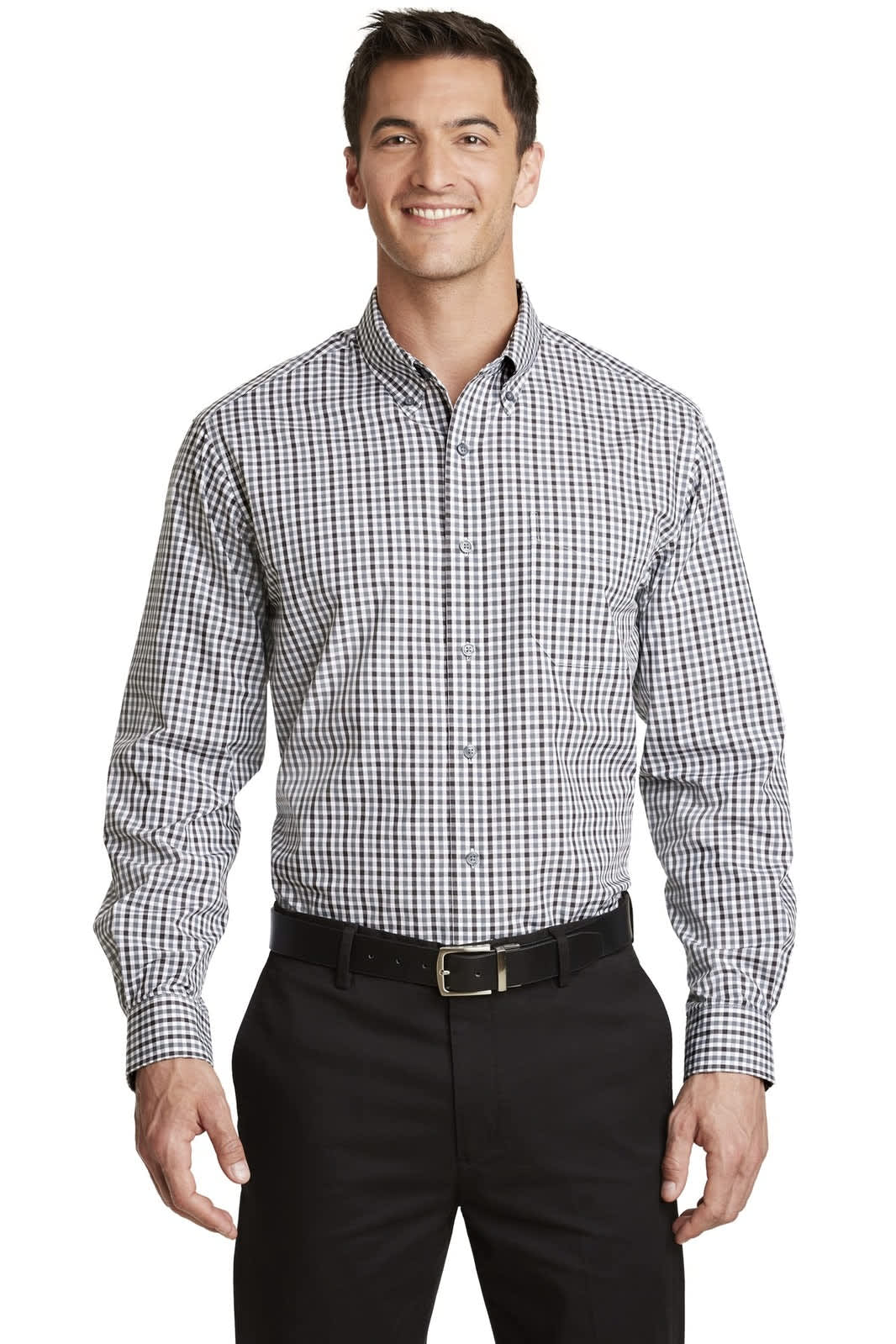A long sleeve gingham button-up shirt in navy and white, featuring a logo on the chest.