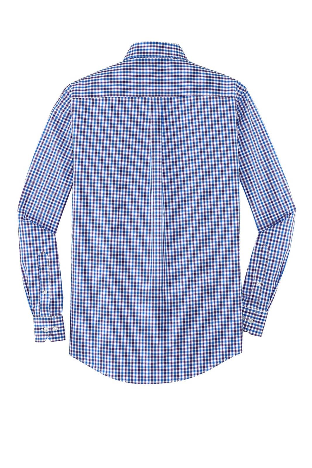 A back view of a blue and white gingham long sleeve button-up shirt with a collar and a logo on the fabric.