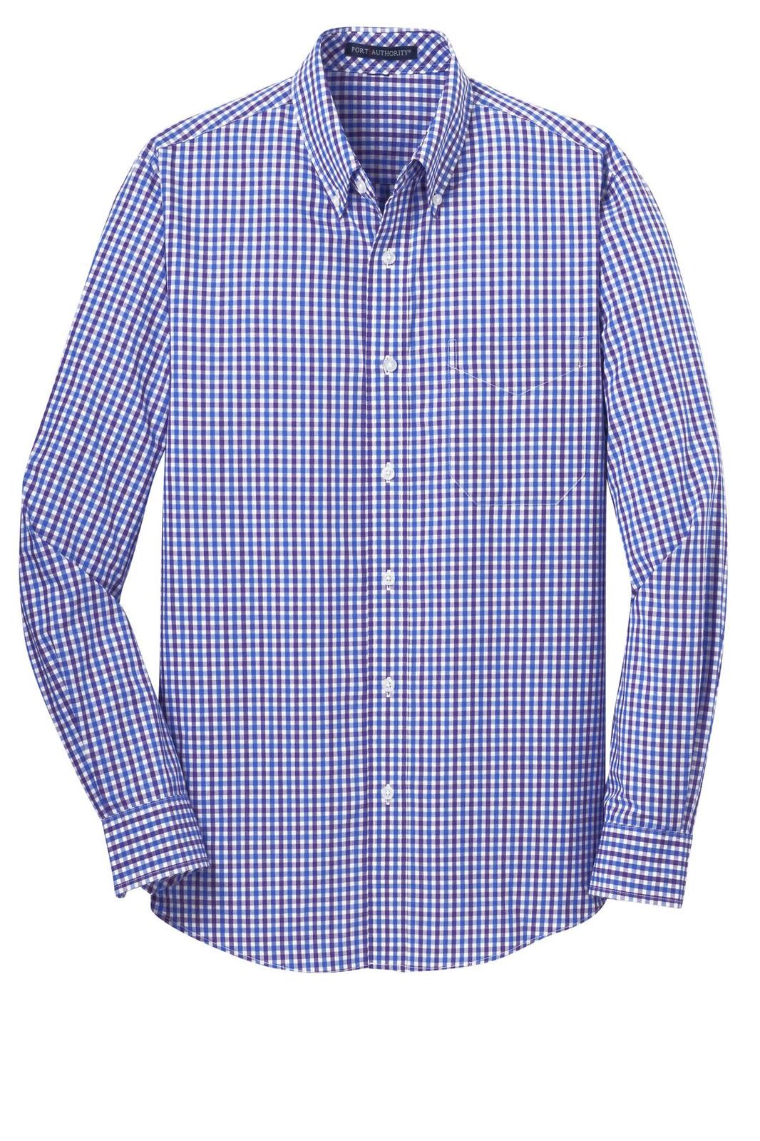 A blue and white long sleeve gingham shirt with a button-up collar. The shirt features a logo.