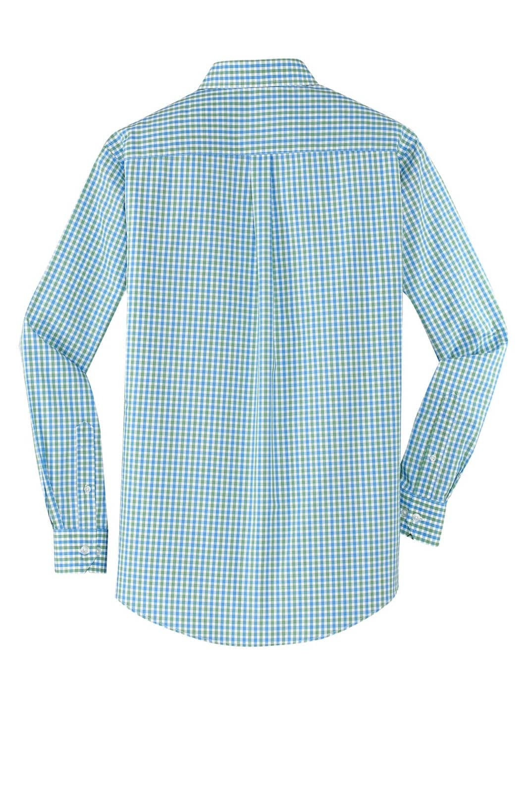 A blue and green gingham long sleeve button-up shirt with a back view, featuring a collar and a logo.