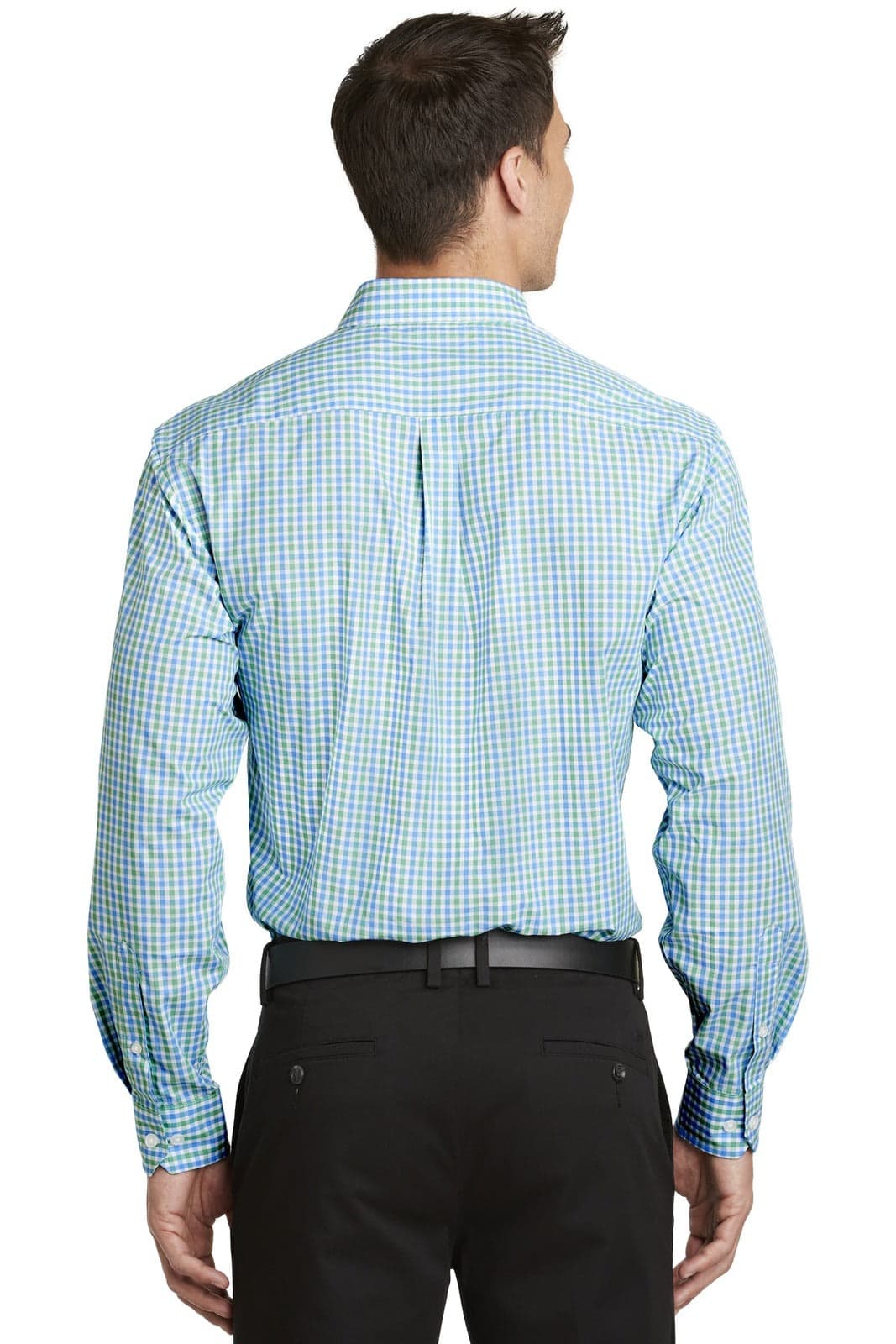 A man is wearing a blue and white gingham long sleeve button-up shirt, shown from the back. The shirt has a logo.