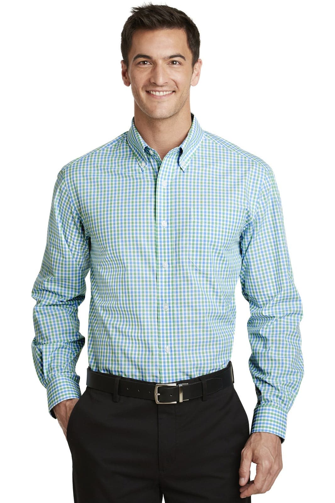A man wearing a blue and green checked long sleeve button-up shirt, featuring a collar and a branded logo.