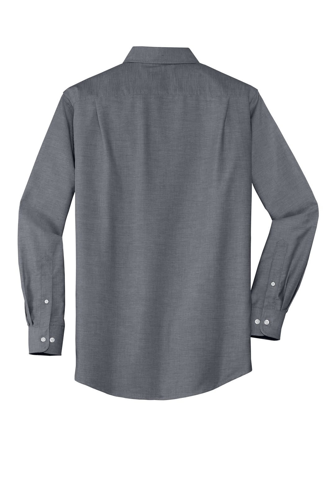 A grey button-up shirt with a collared neckline and long sleeves, featuring a logo on the back.