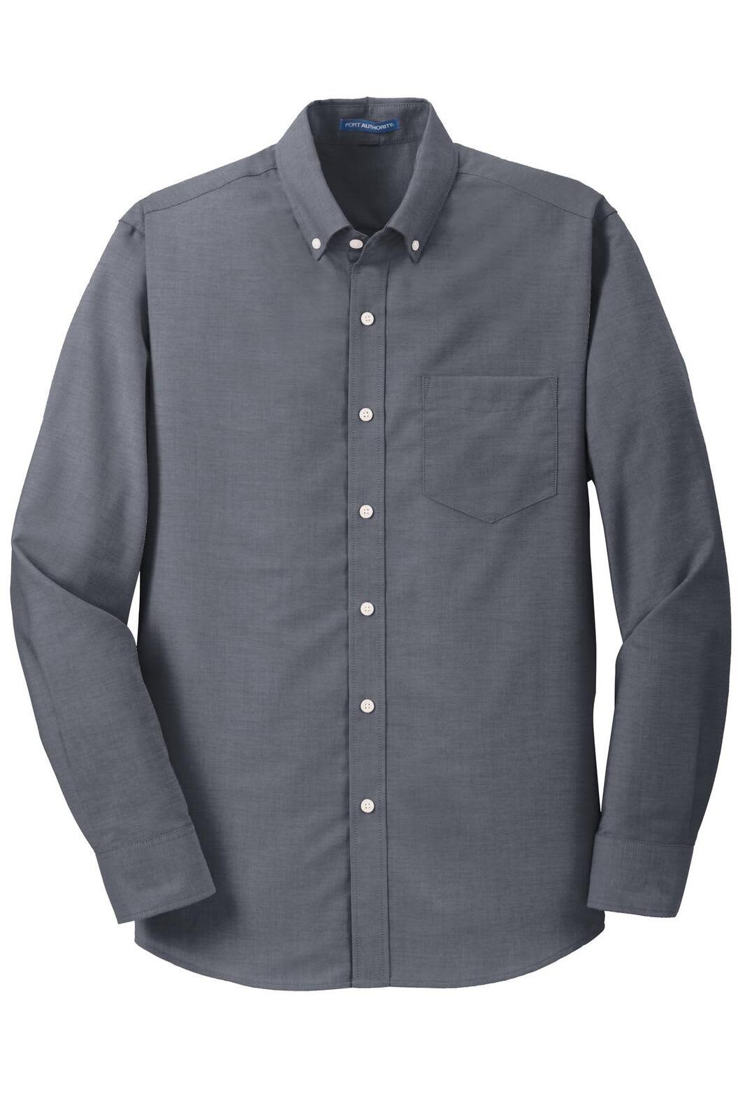 A grey button-up shirt with long sleeves, featuring a pocket and a collar, has a logo on it.