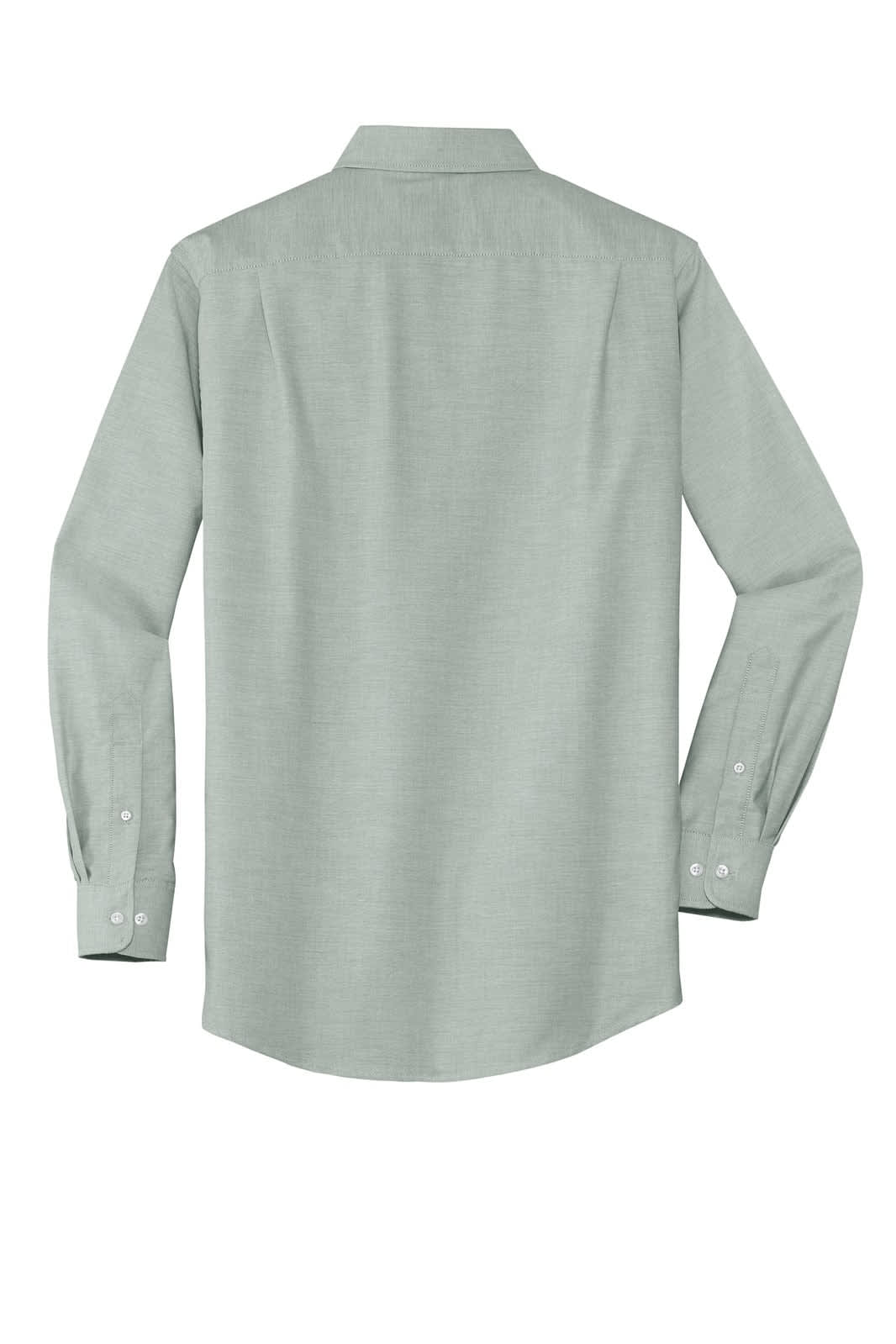 A light green button-up shirt with long sleeves and a back view, featuring a collar and a logo.